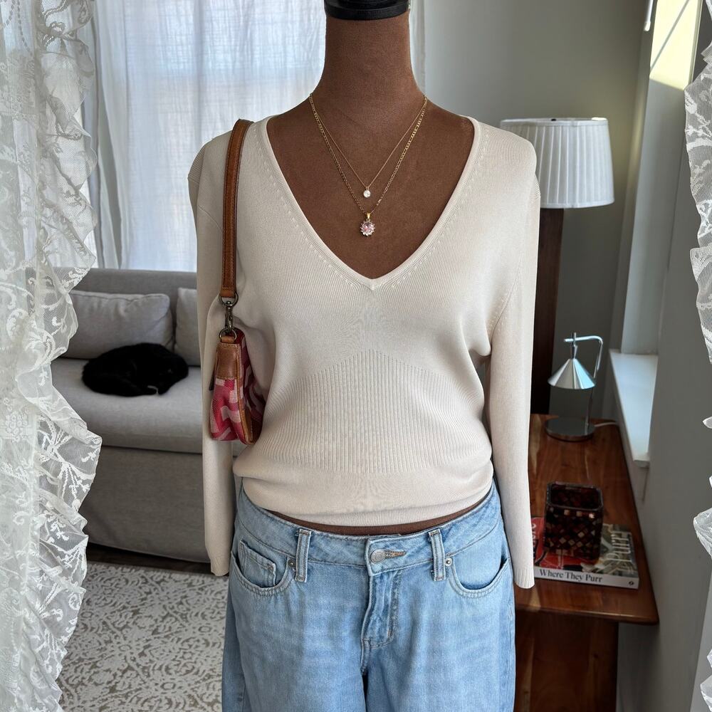 90s Vintage George Cream Ribbed V-Neck Long Sleeve Blouse Flowy Sweater Large